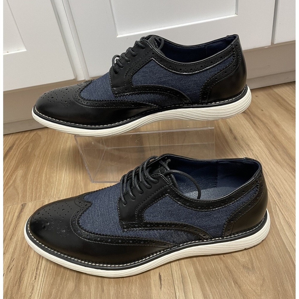 MEIJIANA Men's Wing Tip Loafers Dress Shoes Denim Black Leather Size 10,5 NEW